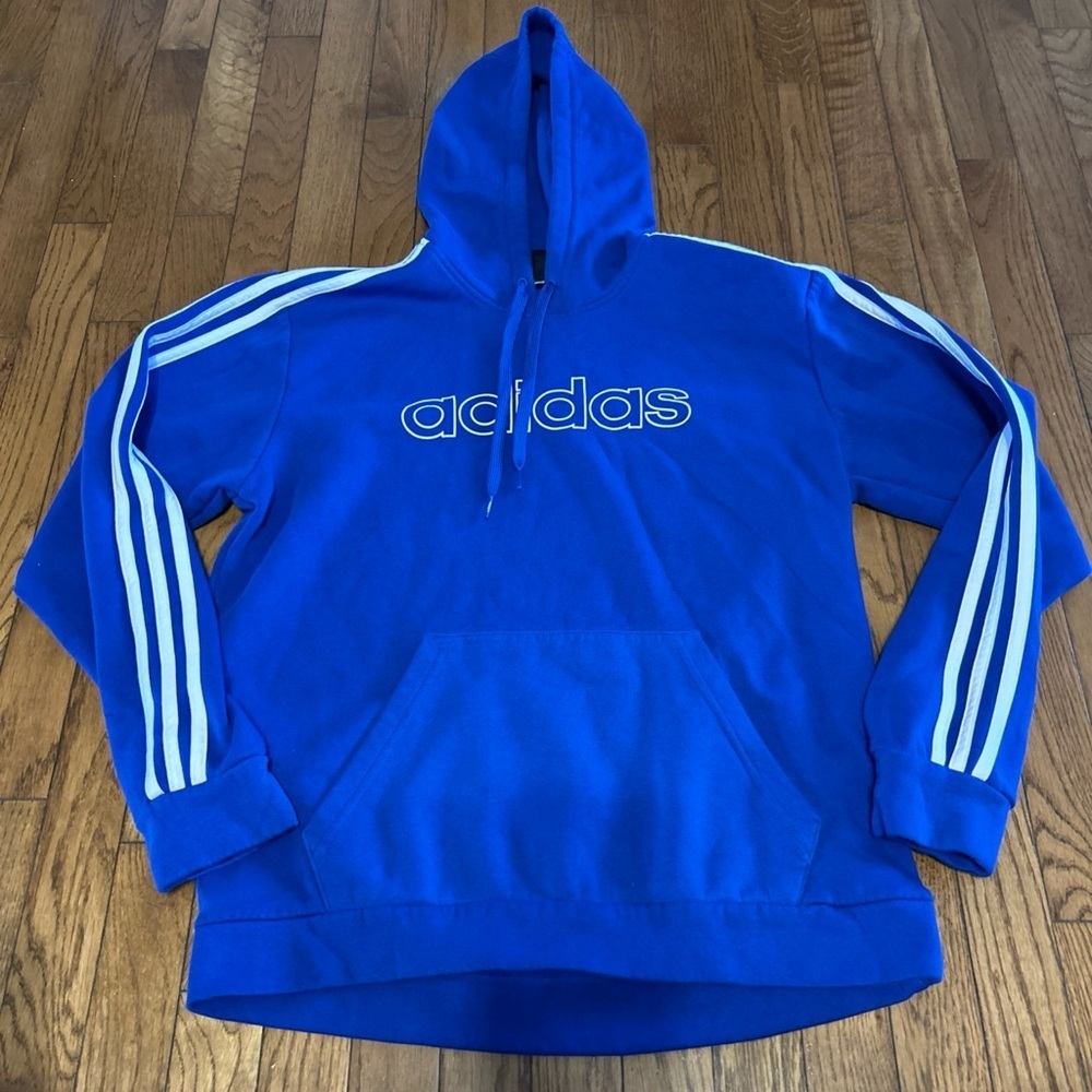 Adidas Hoodie Men's M Medium Blue Pullover White Stripes Logo Long Sleeve - Picture 4 of 8